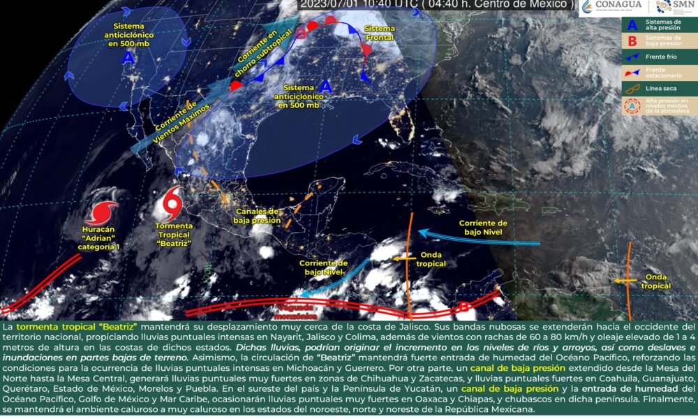 SE PRONOSTICAN LLUVIAS PUNTUALES INTENSAS EN NAYARIT, JALISCO Y COLIMA POR EFECTOS DE LA TORMENTA TROPICAL BEATRIZ